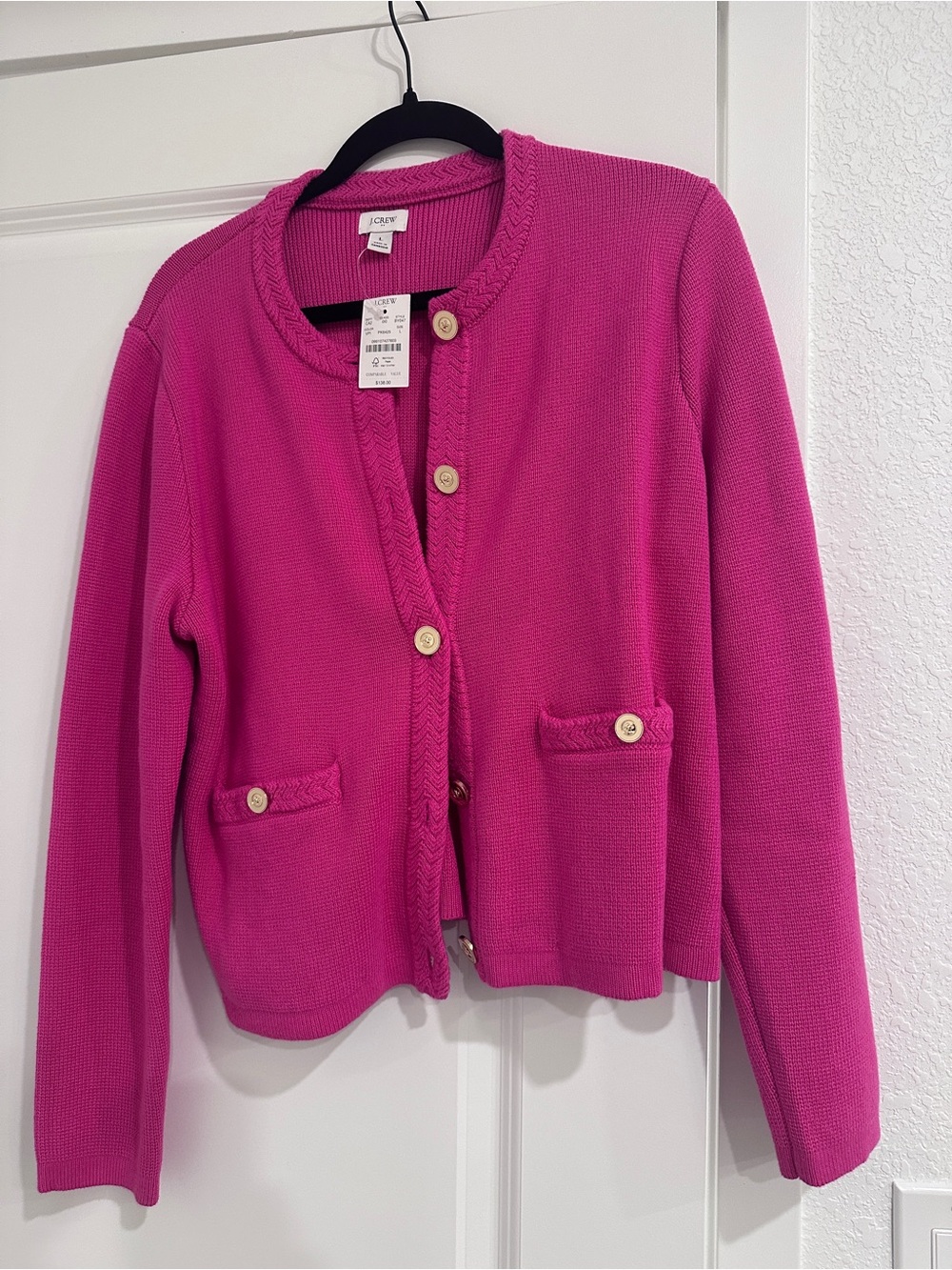 J.Crew Factory NWT Cotton Lady Jacket Cardigan Hot Pink Gold Buttons - L